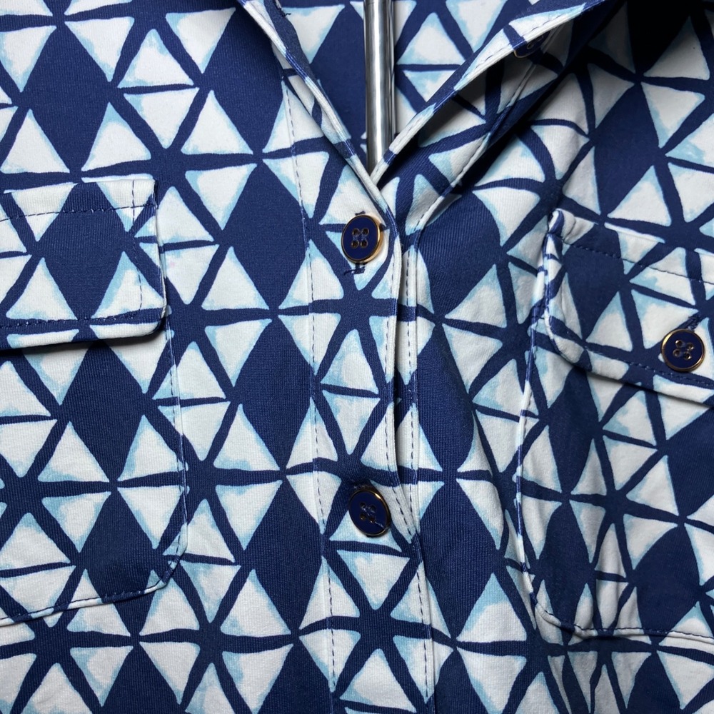 J.McLaughlin Shirt Dress Women S Navy White Geometric Triangle Roll Tab Sleeve - Picture 4 of 11